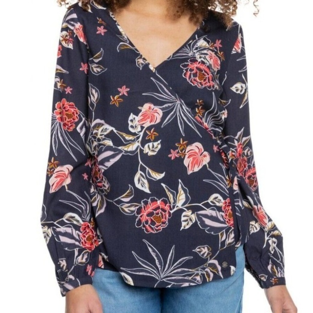 Roxy Blouse Women's Size Small Navy V-neck Long Sleeves Floral Blouse Navy $50